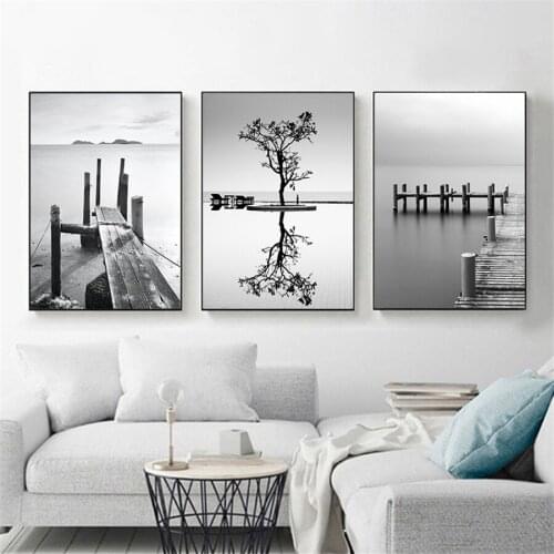 Black and White Minimalist Landscape Art Painting Canvas Prints Bridge Boat Posters Wall For Living Room Modern Home Decor