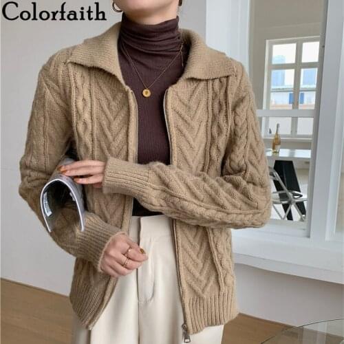 Colorfaith New 2021 Womens Autumn Winter Sweaters Elegant Lady Fashionable Zipper Cardigans Vintage Knitwear Wild Tops SWC25040