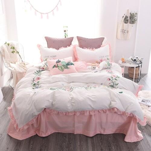 Elegant embroidery Bedding Set 4pcs egyptian Cotton Duvet Cover Bed Sheet Pillowcases Bedroom Textile Bed Linen Queen girls Bed