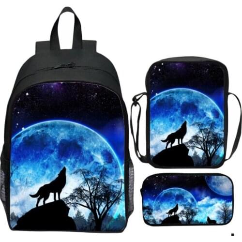 New 3pcs Set Girl Boy Backpack Purple Space Stars Galaxy Wolf Animation Printing Casual Rucksack Teens School Bag Pencil Bags