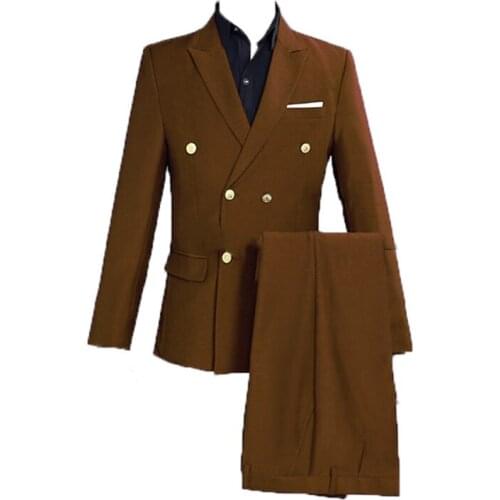 Brown Groom Tuxedo Wedding Singer Suits Double Breasted Slim Fit Suit Prom Dresses Fashion Casual Suit Men