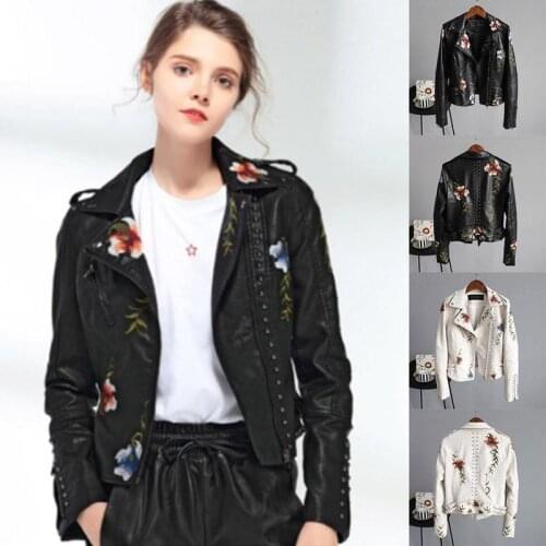 Spring Autumn Floral Print Embroidery Faux Leather Jacket Street Motorcycle Punk Outerwear Jacket Black Biker Women High P4G2