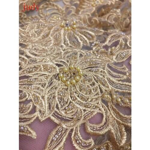 Light gold embroidery lace mesh cloth high-grade embroidery beads cloth used for wedding dress fashion