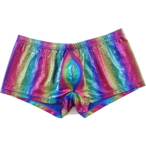 Mens Underwear Rainbow Color Boxer Shorts Sexy Bulge Pouch Boxershorts Faux Leather Bottoms Males Cueca Low Waist Underpants