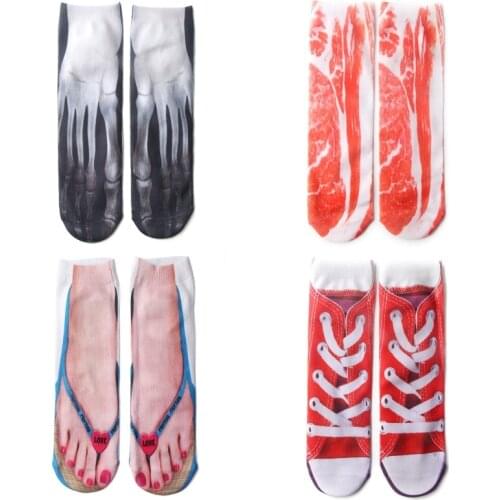 Women Men Personalized Cotton Low Cut Ankle Socks Funny 3D Flip-Flops Shoes Pork Skeleton Pattern Printed Harajuku Creative Hosi
