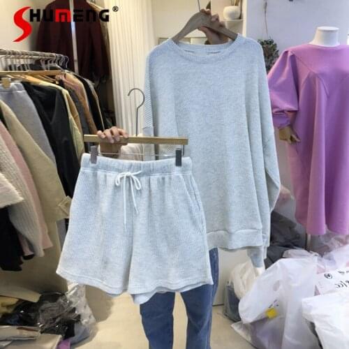 2021 Early Autumn New Korean Style Casual Womens Pullover Sweatshirt Ladies Fashion Loose Slimming Shorts Two-Piece Sports Suit