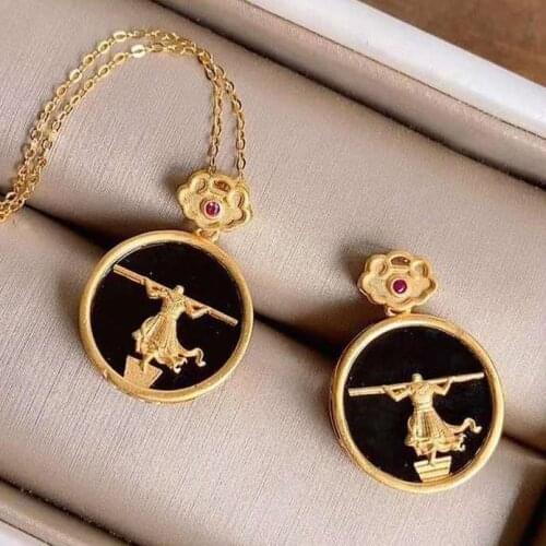 Natural black agate safe buckle the return of the great saint pendant necklace Chinese retro charm womens silver jewelry