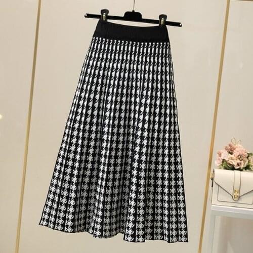 Luxury Houndstooth Long Knit Women Pleated Skirt Autumn Winter Thick Warm Black Skirts Chic Knitted Sweater Skirt Femme X5