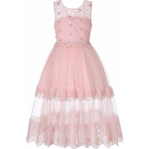 6 Colors Floral Mesh Girls Dress O-Neck Sleeveless Summer Girl Dress Bow Cotton And Beads Elegant Girls Dress For Birthday Party