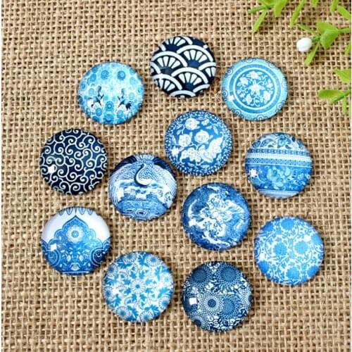 Blue and white porcelain Mosaic Printed Picture Glass Half Round Dome Cabochons Tiles for Jewelry Making, Floral Series