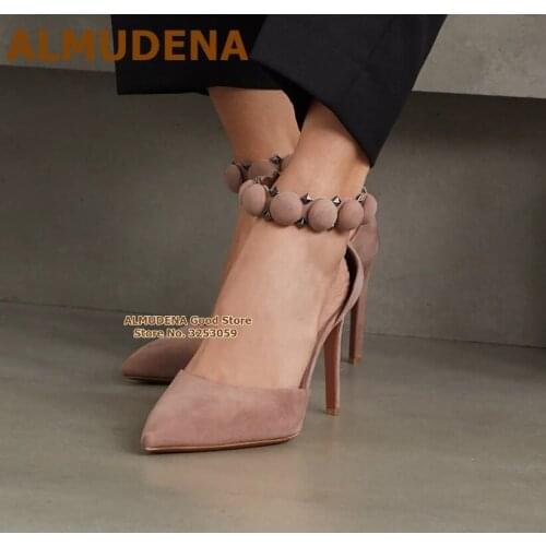 ALMUDENA Apricot Black Suede Bombe Studded Shoes Thin High Heels Pointed Toe Zipped Dress Pumps Dropship Gladiator Heels Size47
