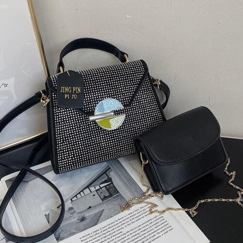 Small Bright Rhinestone Shoulder Bags for Women Composite Crossbody Bags Luxury Pu Leather Ladies Handbags Square Messenger Bag