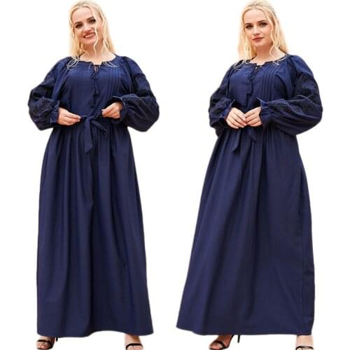 Women Embroidery Long Dress O-neck Long Sleeve Abaya Spring Kaftan Arab Maxi Robe Muslim Islamic Eid Ramadan Clothing Plus Size