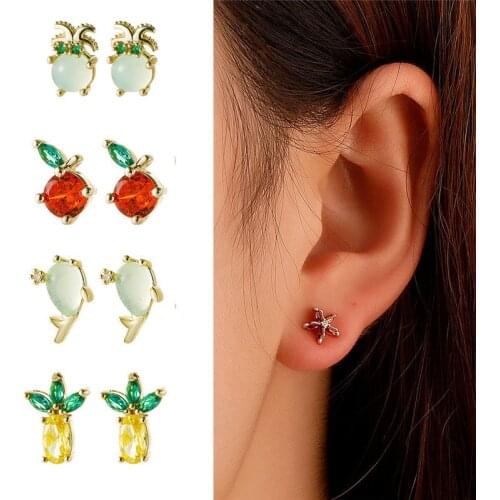 Mini Cute Zircon Banana Fish Lobster Earrings For Women Girls High Grade Fruit Animal Copper Stud Ear Jewelry Birthday Gifts