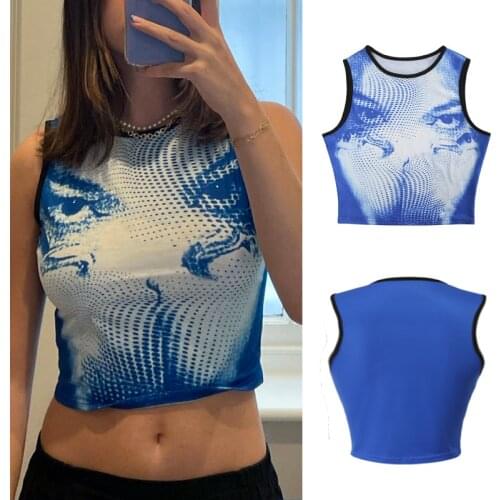 Women Summer Personality Printing Vest Causal Round Neck Exposed Navel Sleeveless Tops