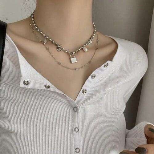 TIMEONLY Korean Fashion Double Layered Lock Imitation Pearls Coin Choker Neckalces for Women Lady Beads Necklace Charm Jewelry