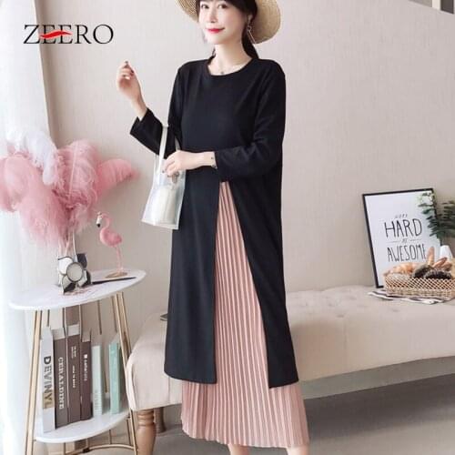 Female Casual Black Knitting Dresses Women Pleated Chiffon Stitching Knitted O-Neck Loose Straight Long Sleeve Warm Midi Dress
