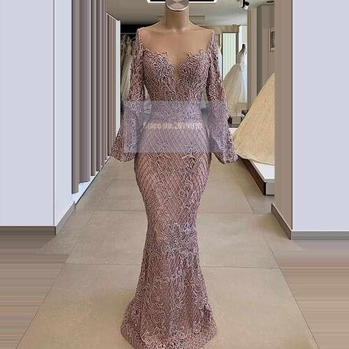 Elegant Pink Lace Mermaid Evening Dress Floor-Length Long Sleeves Beaded Pearls Prom Dress Formal Dress Saudi Arabia 2020 Dubai