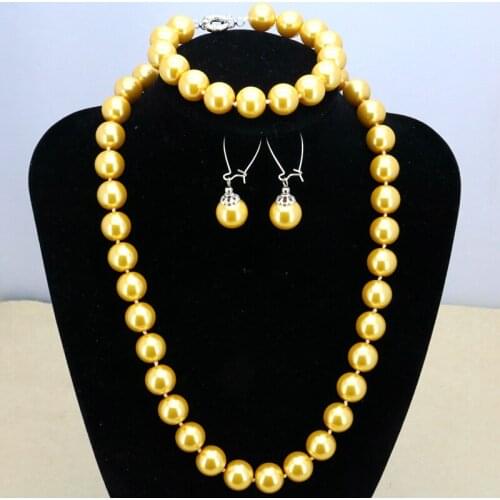 Golden yellow glass pearl 12mm necklace set necklace 18"bracelet 7.5" earring women jewelry making gift