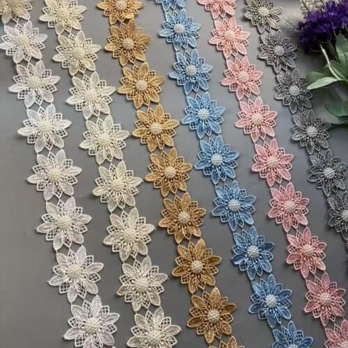 1 Yard Blue Gold White Gray Pearl Beaded Lace Ribbon Trim Embroidered Flower Applique Patches Fabric Sewing Craft Wedding Dress