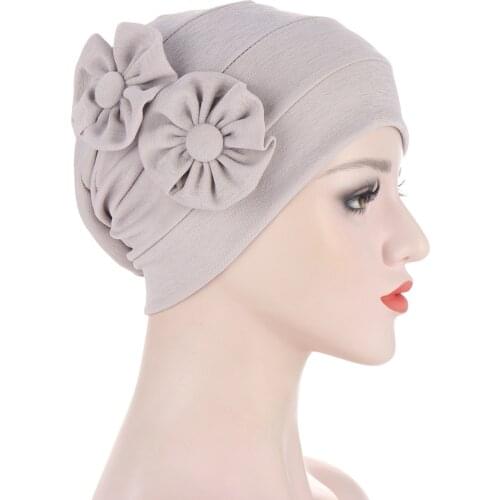 2021 New Spring Summer Lateral Two Floral Beanie Hat Solid Color Stretch Turban Hair Scarf Fashion Hair Loss Cap Headscarf Hijab