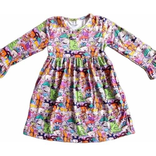 2021 Wholesale Little Girl Outfit Bell Ruffle Long Sleeves Cartoon Pattern Dress