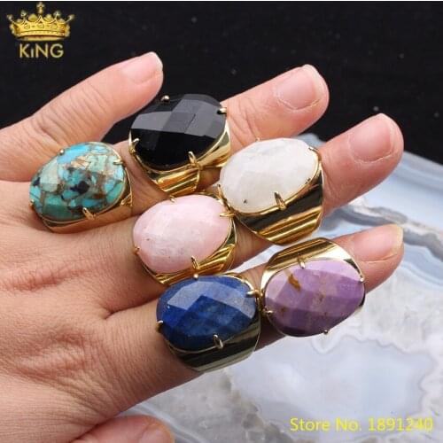 5pcs Gold Line Turquoises Open Adjustable Rings,Gemstones Waterdrop Beads Gold Rings,White Moonstones Finger Rings Boho Jewelry