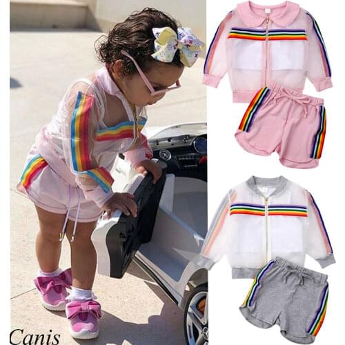 1-7Y Newborn Kid Baby Girl Fashion 3PCS Rainbow Sets Long Sleeve Coat+Vest+Shorts Outfit Clothes Summer