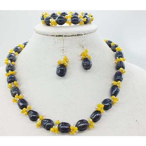 Free shipping Beautiful 11-12mm black TAHITIAN baroque pearl crystal necklace Bracelet / Stud Earrings, Jewelry Set 19"