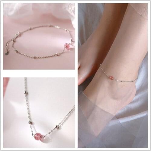 Fashion Lady Silver Plated Anklets For Women Jewelry Cute Strawberry Crystal Pink Ball Anklet Bright Female Accessories