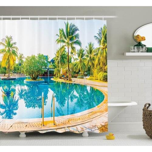 House Shower Curtain Umbrella and Chair Around The Round Outdoor Pool Tourist Space Famous Spots Concept Bathroom Curtains