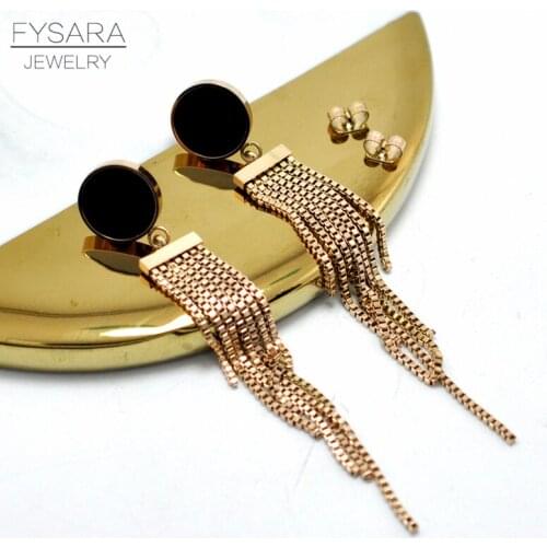 FYSARA Stainless Steel Box Chain Tassel Earrings For Women Rose Gold Color Round Tag Black Drop Earrings Party Dance Jewelry