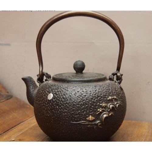 Jepanese Iron Silver Gilt Sunrise Bird Pavilion Water Bottle TeaPot Teakettle