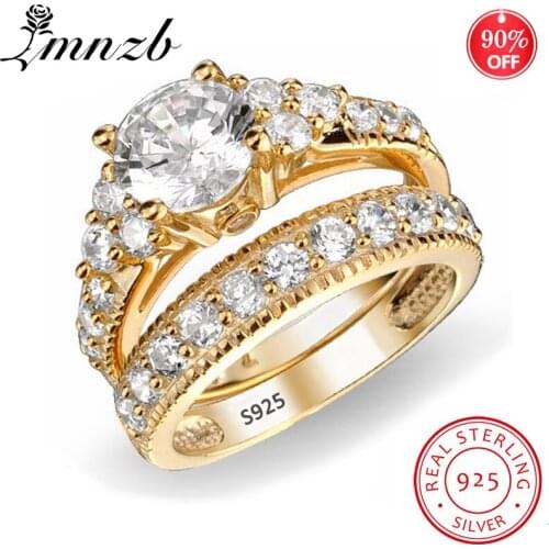 LMNZB Have Certificate Original Real 925 Solid Silver Golden Rings Set Fine Jewelry CZ Zircon Wedding Rings Set for Women LXR045