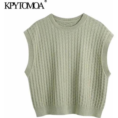 KPYTOMOA Women 2021 Fashion Oversized Crop Knitted Vest Sweater Vintage O Neck Sleeveless Female Waistcoat Chic Tops