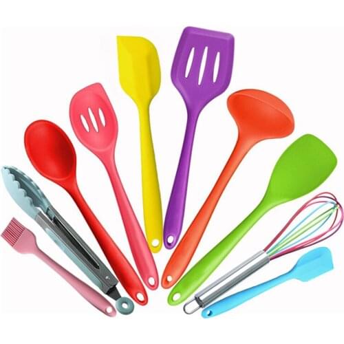 10Pcs Silicone Cooking Utensil Set Wooden Handle Spatula Soup Spoon Brush Ladle Pasta Colander Non-stick Cookware Kitchen Tools
