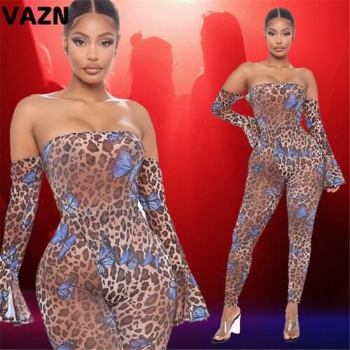 VAZN New Summer 2020 Elegant Style Leopard Full Sleeve Full Pant Casual Slash Neck Sets Sexy Shinny Women 2 Piece Set