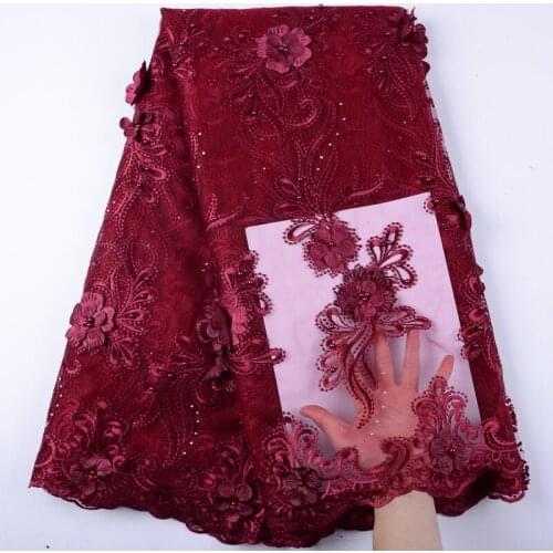 New Popular African Tulle Lace With Beads Red 3D Flower Embroidered Appliques French Net Lace Fabric 5 yards/lot For Dress S1445