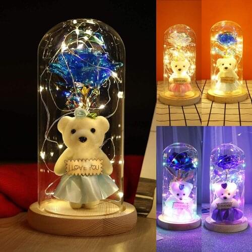 ValentineS Day Gift Enchanted Beauty Rose and Bear with LED Light in Glass Dome on Wood Base Night Light Party Mothers Day D30
