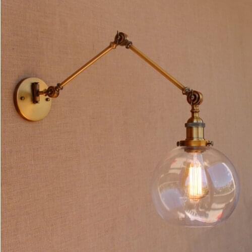 Glass Ball Antique Brass Loft Industrial Retro Vintage Wall Lamp Swing Long Arm Light Wall Sconce Luminaire Apliques Pared