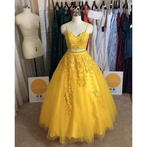 Yellow 2 Piece Prom Dresses 2021 Spaghetti Straps V Neck Formal Evening Party Dress Ball Gown Robe De Soiree