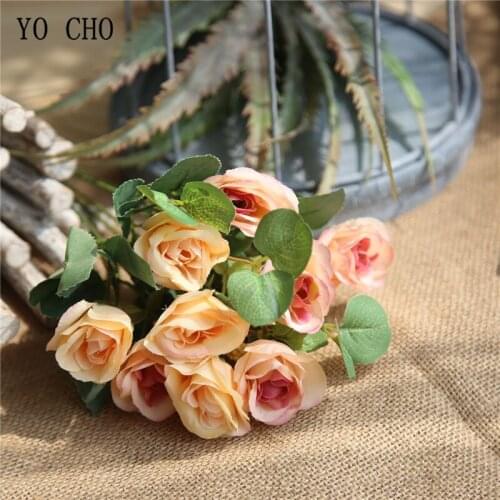 YO CHO Wedding Bouquet Bridesmaid Wedding Rose Flower 10 heads Artificial Silk Rose Babys Breath Flower Home Party Decorations