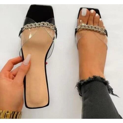 Women Sandals Fashion Transparent Summer Shoes Women Low Heels Sandals Square Toe Slippers Chaussure Femme Chain Flats Sandalias