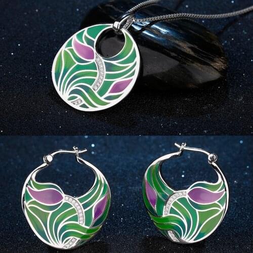 OGULEE 925 Sterling Silver Green Leaf Lotus Flower Earrings Zirconia Fashion Pendant Necklace for Women Fine Jewelry Sets Enamel