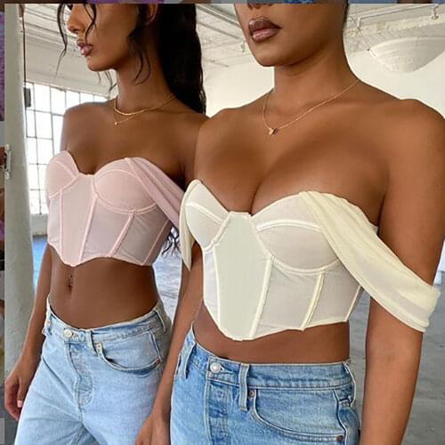 90s Aesthetic Sexy Slash Neck Bustier Top Tshirts Women Off Shoulder Slim Crop Top TEE Mesh Sleeve Party Clubwear Donna T-shirt