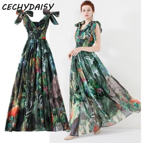 Runway 2021 Women Dress Sexy V-Neck Lace Up Summer Fashion Green Floral Print Sleeveless Sundress Beach Chic Party Maxi Dresses