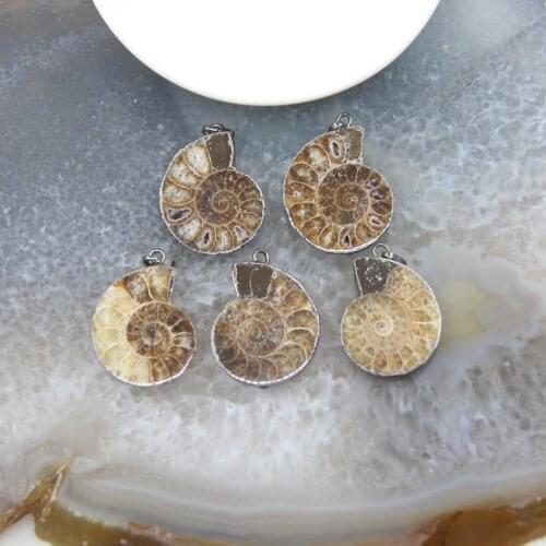 1Pcs Natural Stone Seashell Snail Slice Pendants Silvery/Gun Black Caps Ammonite Fossils Necklace Charms DIY Jewelry Making