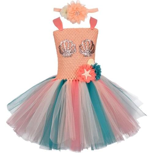 2021 Girl Princess Mermaid Tutu Dress Under the Sea Princess Kids Dresses For Girls Birthday Party Costume With Flower Headband