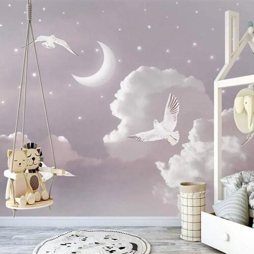 Custom 3D Wallpaper Nordic Hand Painted Fantasy Starry Sky Moon Dove Mural Childrens Room Interior Background Wall Decor Fresco