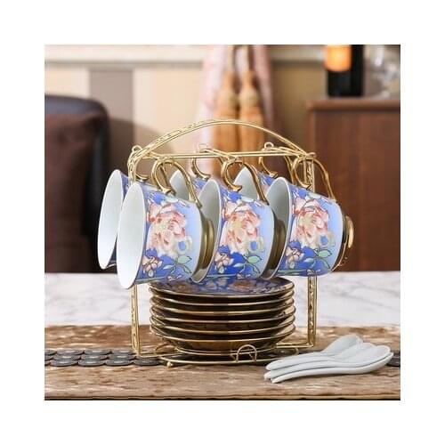 6PCS/SET Europe Ceramic Cup China Bone Coffee Cups Pastoral Afternoon Luxury Vintage Gold Tea Set Cup Dish Spoon Household Gifts